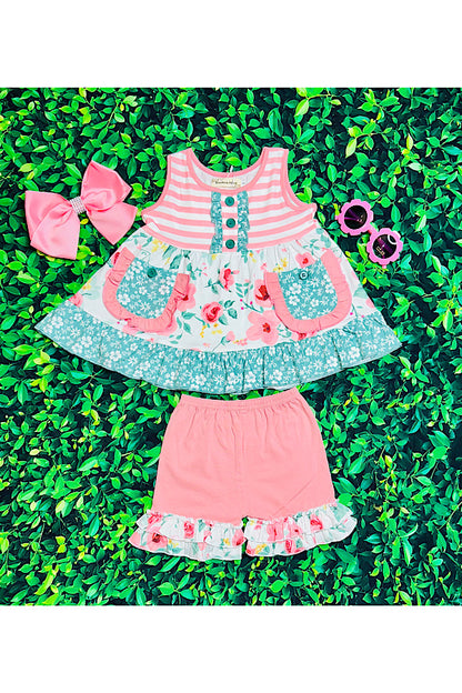 Pink & teal floral ruffle 2pc set