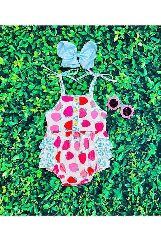 Strawberries & light blue cheetah ruffle baby romper DLH2430