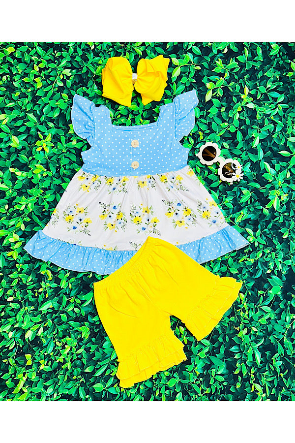 Yellow floral & polka dot ruffle 2pc set