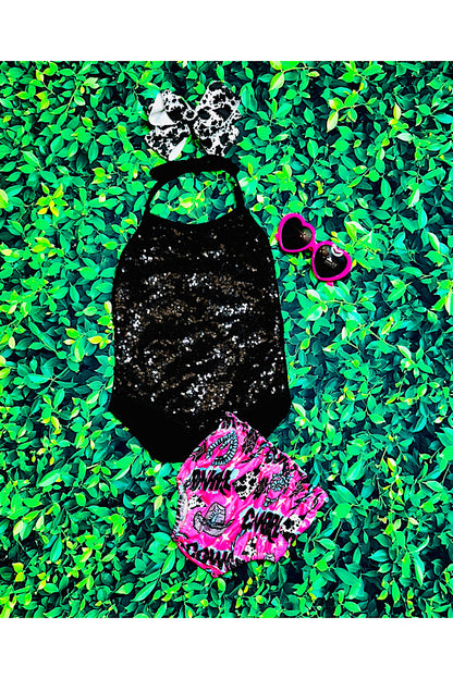 "COWGIRL" bloomer w/black halter sequin onesie baby set DLH2415
