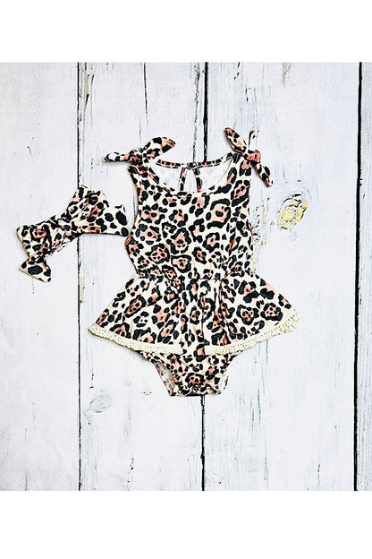 Leopard print & lace baby romper w/matching headband DLH2405