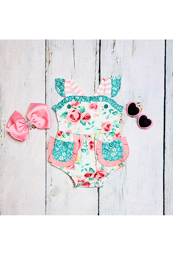 Pink & teal floral ruffle sleeveless baby romper