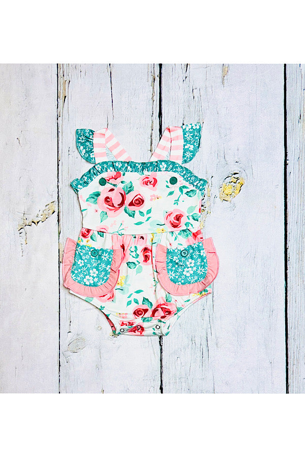 Pink & teal floral ruffle sleeveless baby romper