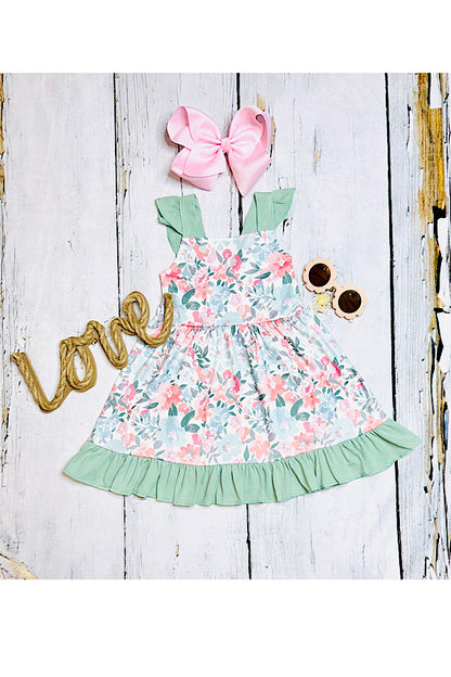 Pink & mint floral ruffle sleeveless girls dress