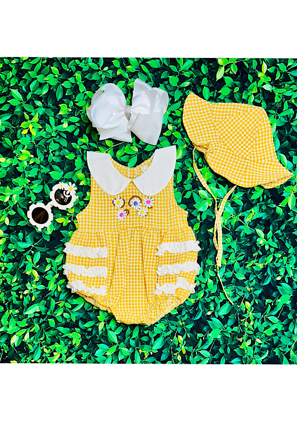 Mustard checker print w/embroidered flowers baby romper & hat