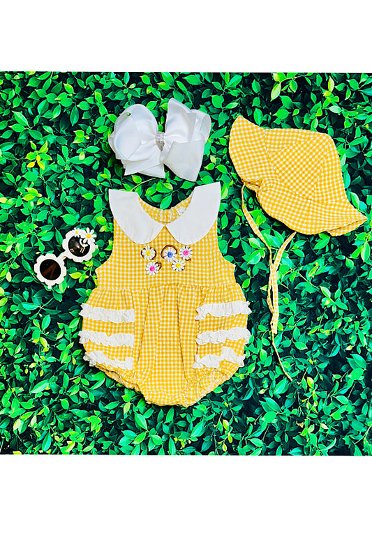Mustard checker print w/embroidered flowers baby romper & hat DLH2351