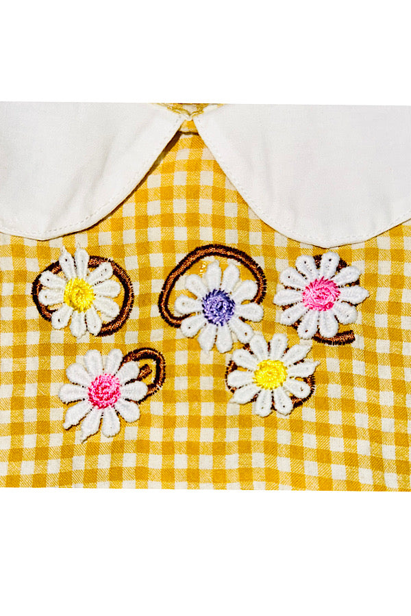 Mustard checker print w/embroidered flowers baby romper & hat