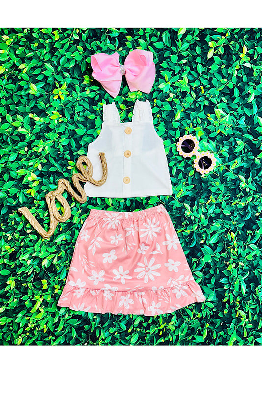 White button top w/pink floral skirt 2pc set 1169WY