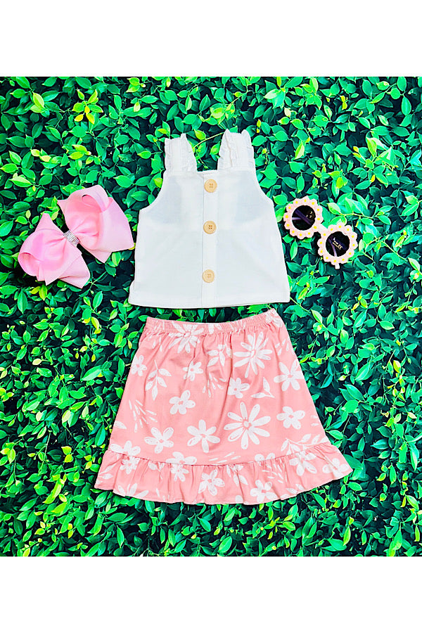 White button top w/pink floral skirt 2pc set