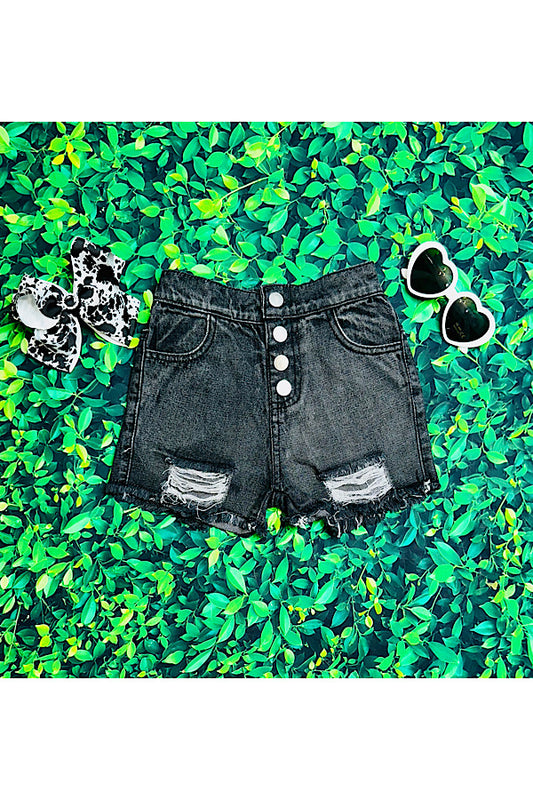 Black washed distressed button up denim shorts 230130M