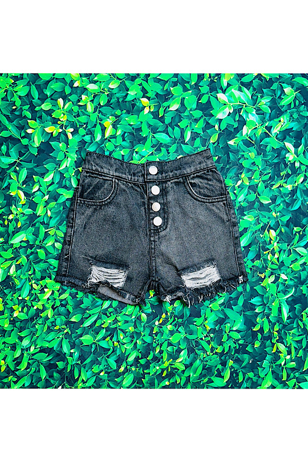 Black washed distressed button up denim shorts