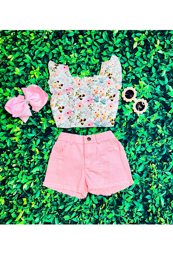 Floral top w/pink denim distressed shorts 2pc set