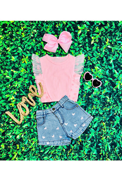 Pink top w/embroidered hearts denim shorts 2pcs set