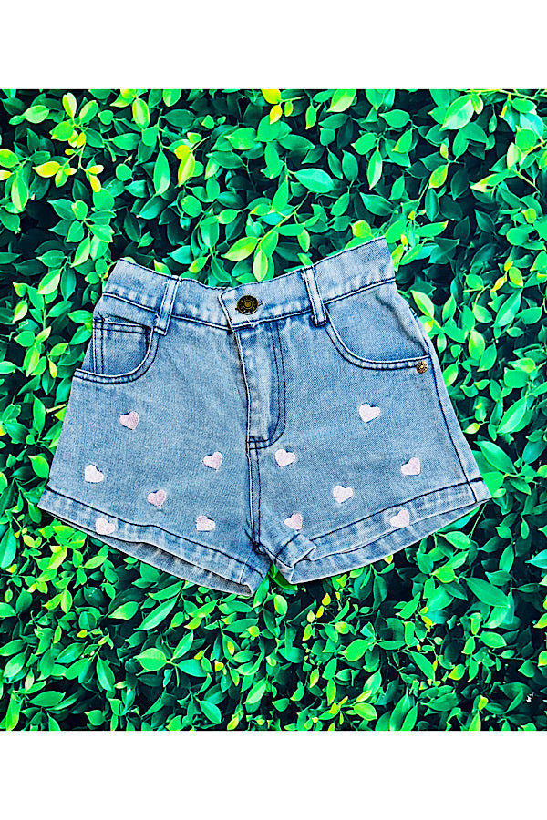 Pink top w/embroidered hearts denim shorts 2pcs set