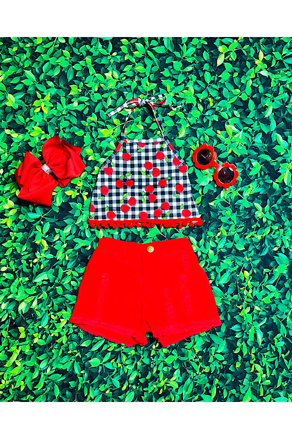 Cherries w/pompoms halter top w/red denim shorts 2pc set DLH2388