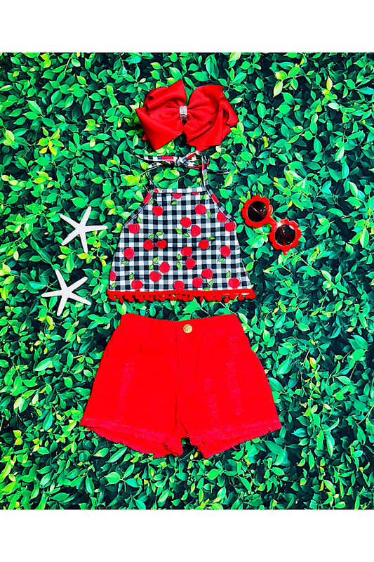 Cherries w/pompoms halter top w/red denim shorts 2pc set DLH2388