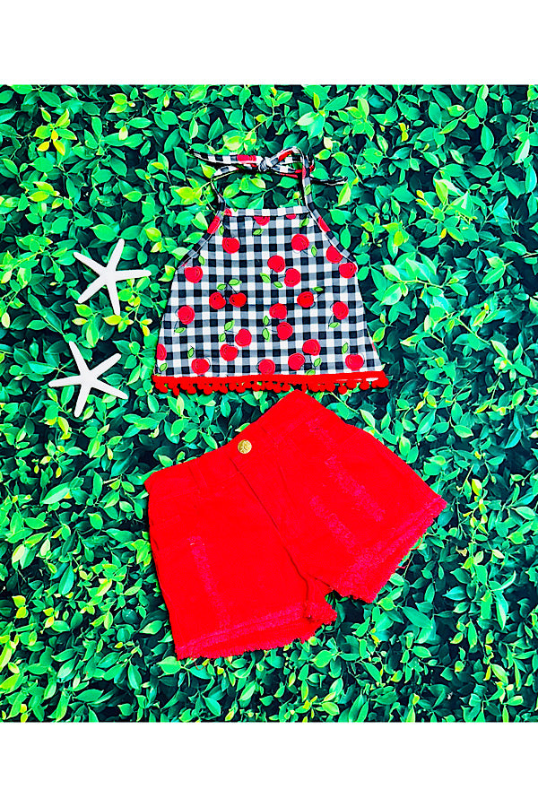 Cherries w/pompoms halter top w/red denim shorts 2pc set DLH2388