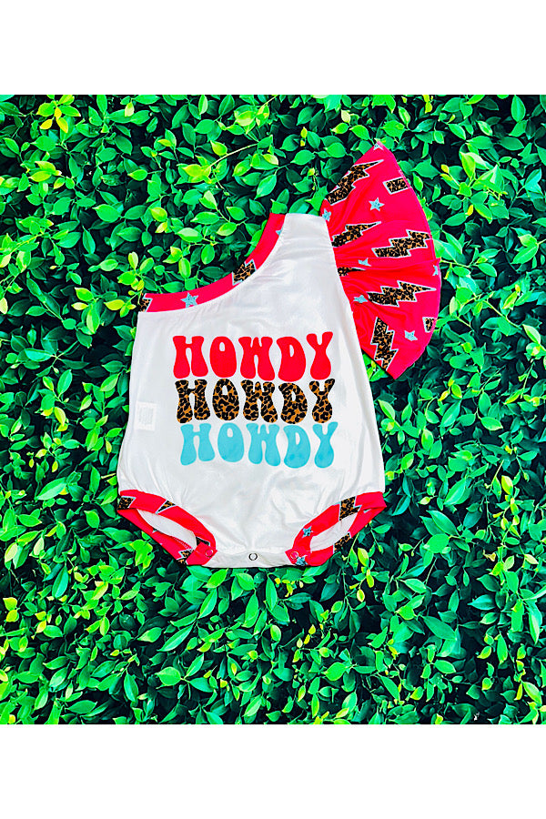 "HOWDY, HOWDY, HOWDY" one ruffle sleeve bubble baby romper 1156WY