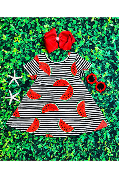 Black & white stripes w/watermelons girls short sleeve dress XCH0555-3H