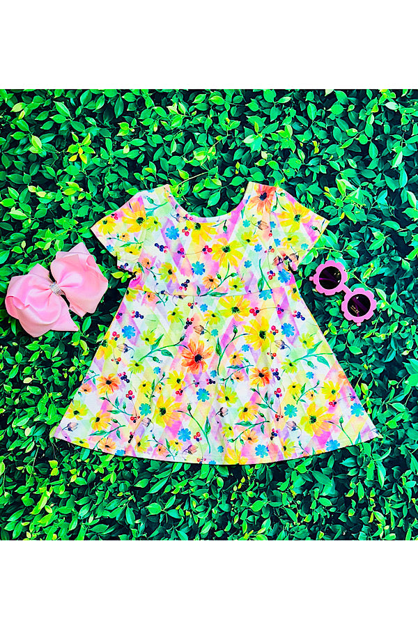 Multicolor floral print girls short sleeve dress XCH0555-6H