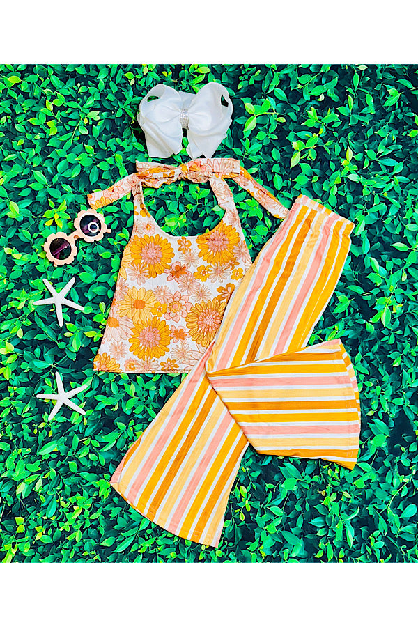 Yellow & orange floral & stripped halter top 2pc set 1170WY