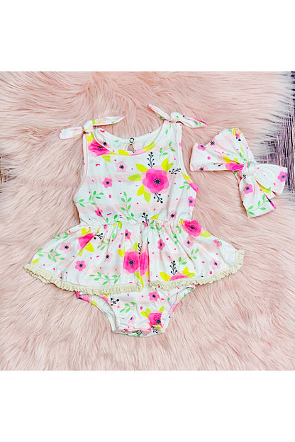 Pink floral & stripes w/lace baby romper & matching headband DLH2407