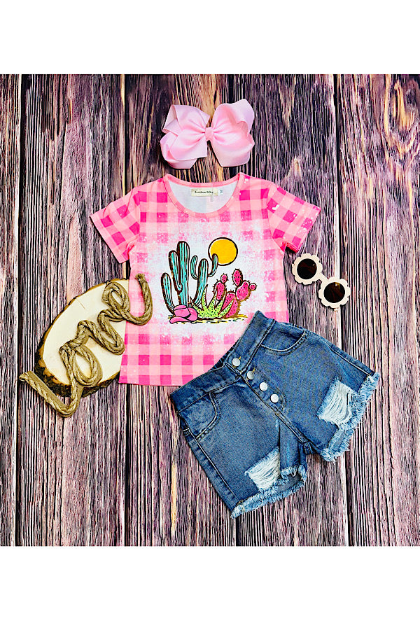 Pink checkers & cactus girls t-shirt XCH0222-1H