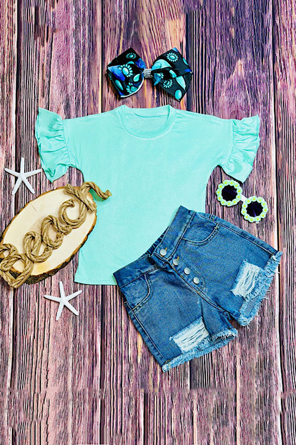 Chic aqua jersey ruffle short sleeve girl's boutique top DLH2499