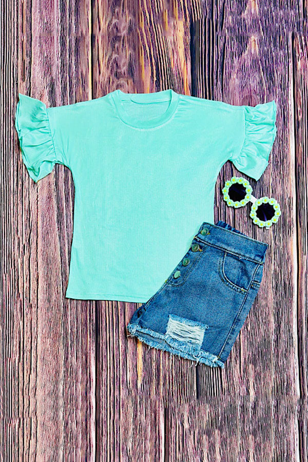 Chic aqua jersey ruffle short sleeve girl's boutique top DLH2499