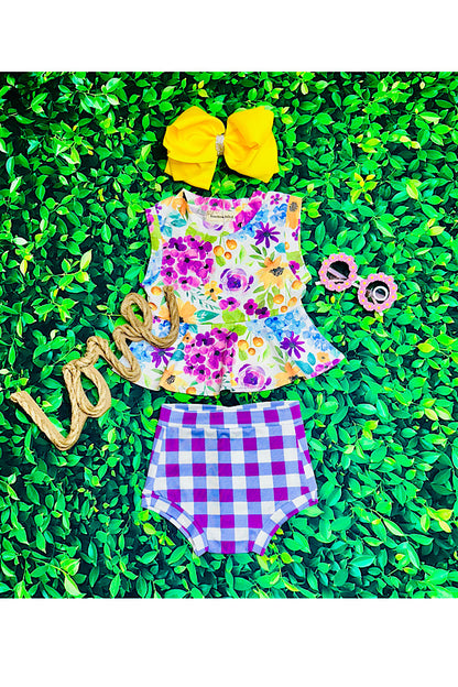Purple floral & checkers 2pc sleeveless baby set XCH0999-7H