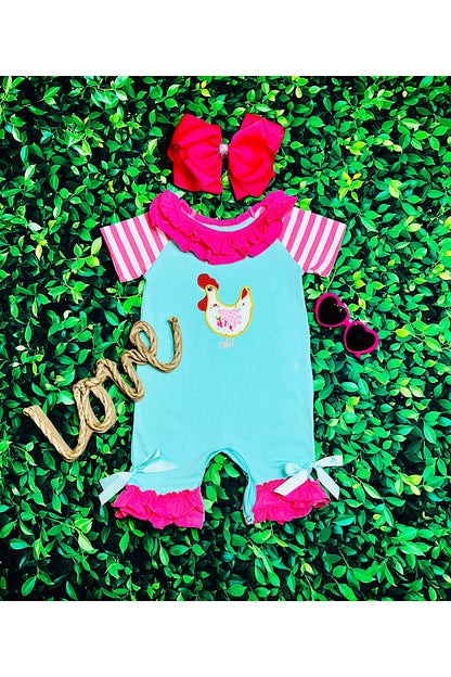 Aqua & hot pink embroidered chicken ruffle baby romper