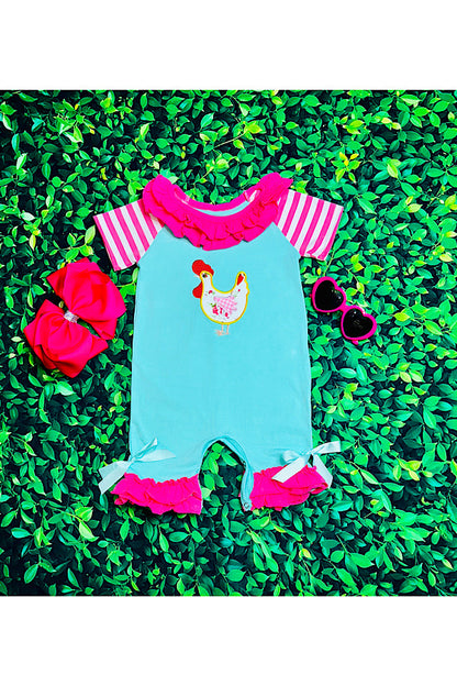 Aqua & hot pink embroidered chicken ruffle baby romper