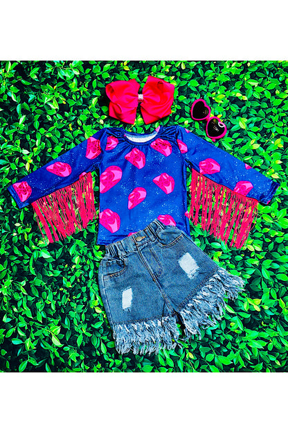 Hot pink cowgirl hats & blue fringe long sleeve top DLH2534