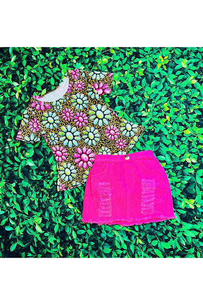 Cheetah & jewels top w/pink denim skirt 2pc set