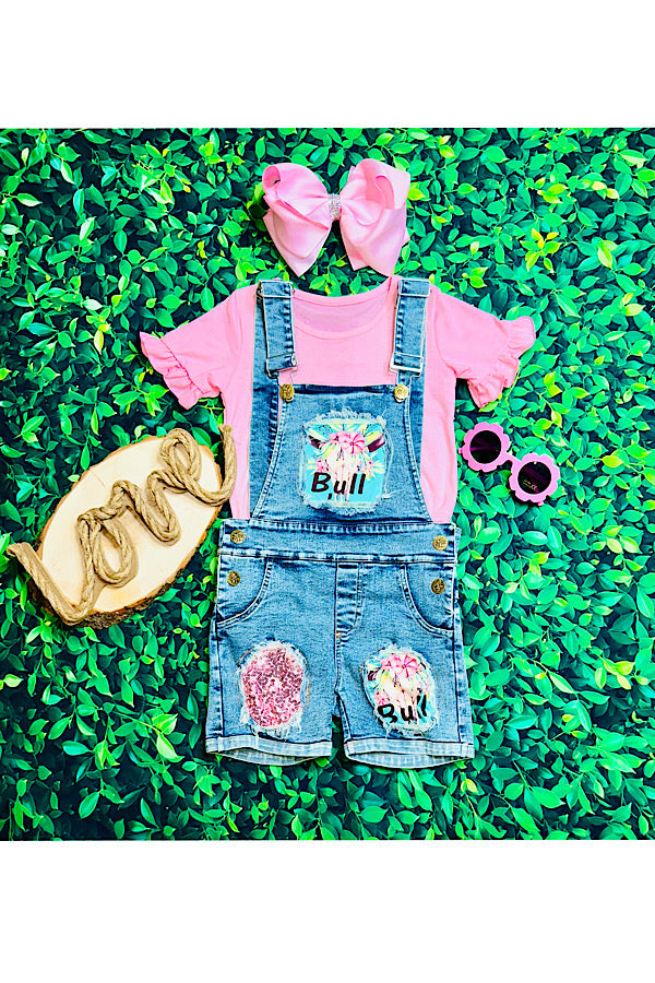 "BULL" pink w/sequin overalls short 2pc set DLH2484