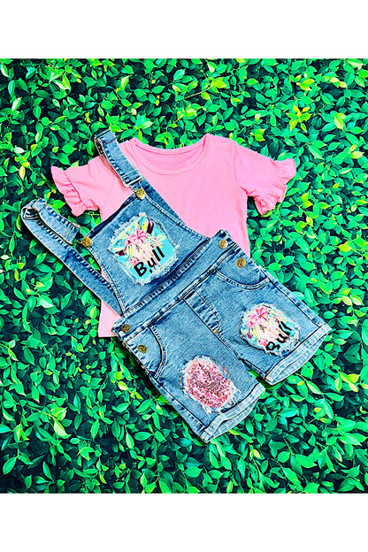 "BULL" pink w/sequin overalls short 2pc set DLH2484