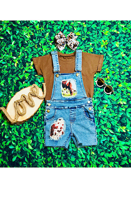 Cowhide & brown overalls short 2pc set DLH2504