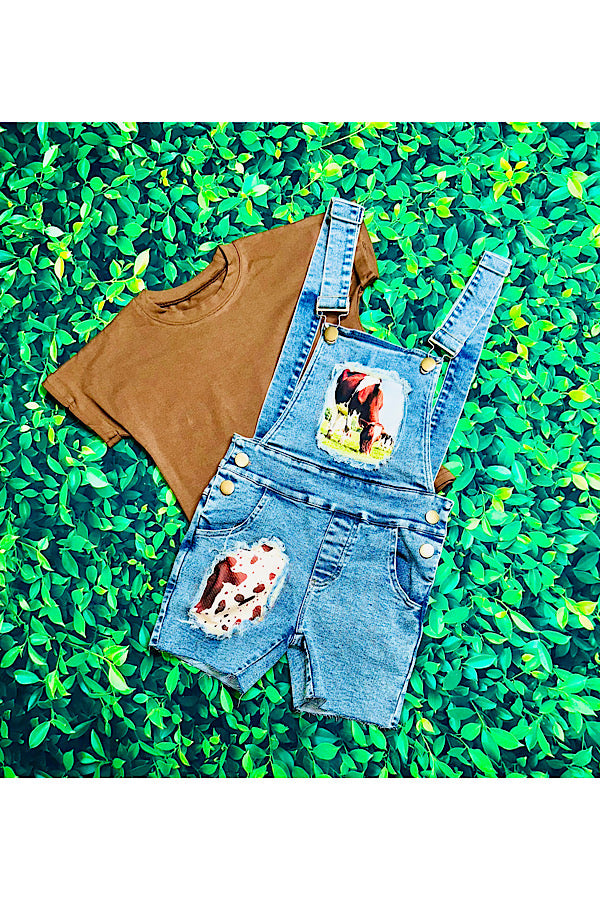 Cowhide & brown overalls short 2pc set