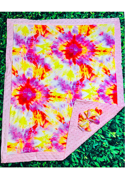 Multicolor tie dye w/light pink minky & matching headband baby blanket