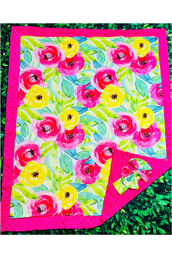 Hot pink & yellow floral baby blanket w/matching headband