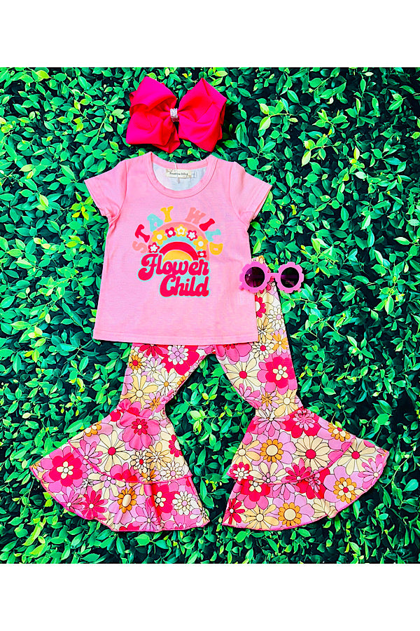 "STAY WILD FLOWER CHILD" pink & flowers 2pc set XCH0333-1H