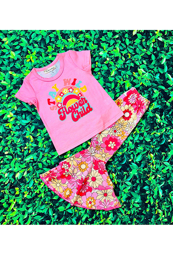 "STAY WILD FLOWER CHILD" pink & flowers 2pc set XCH0333-1H