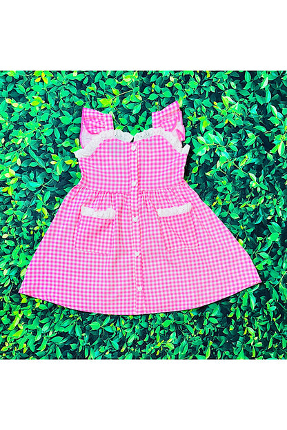 Pink & white checker print lace & pockets button up dress