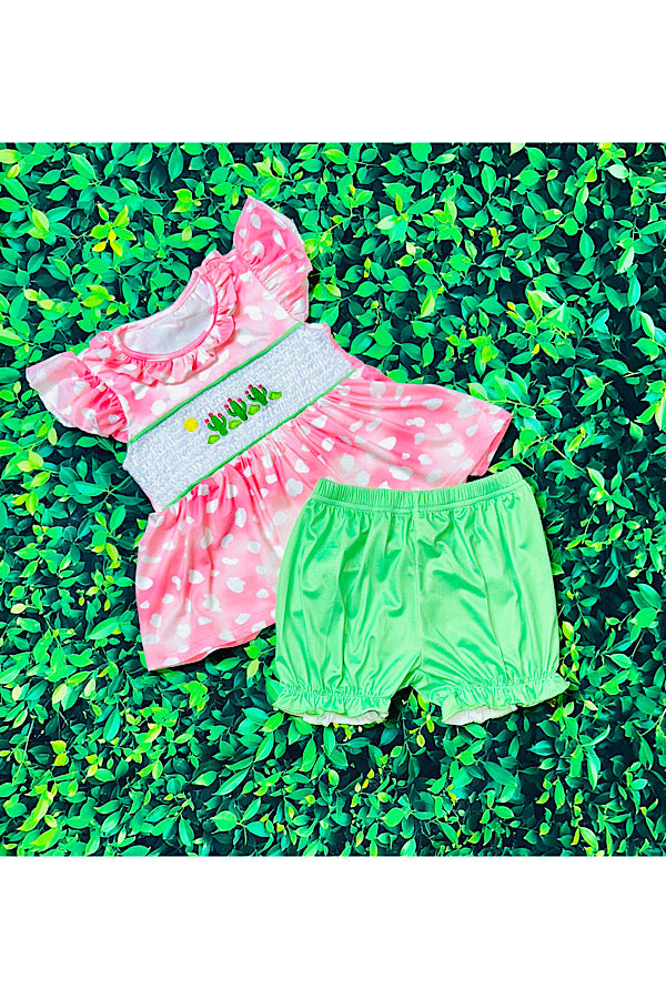 Pink cactus embroidery detail top w/green shorts 2pcs girl set DLH2507