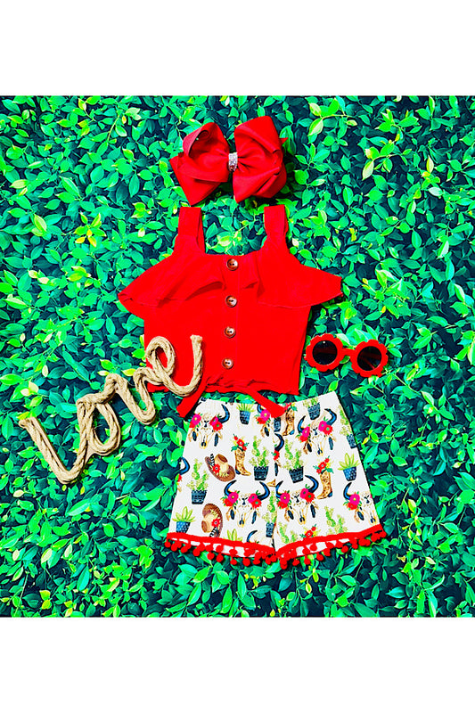 Red top w/western print pompom shorts 2pc set DLH2356