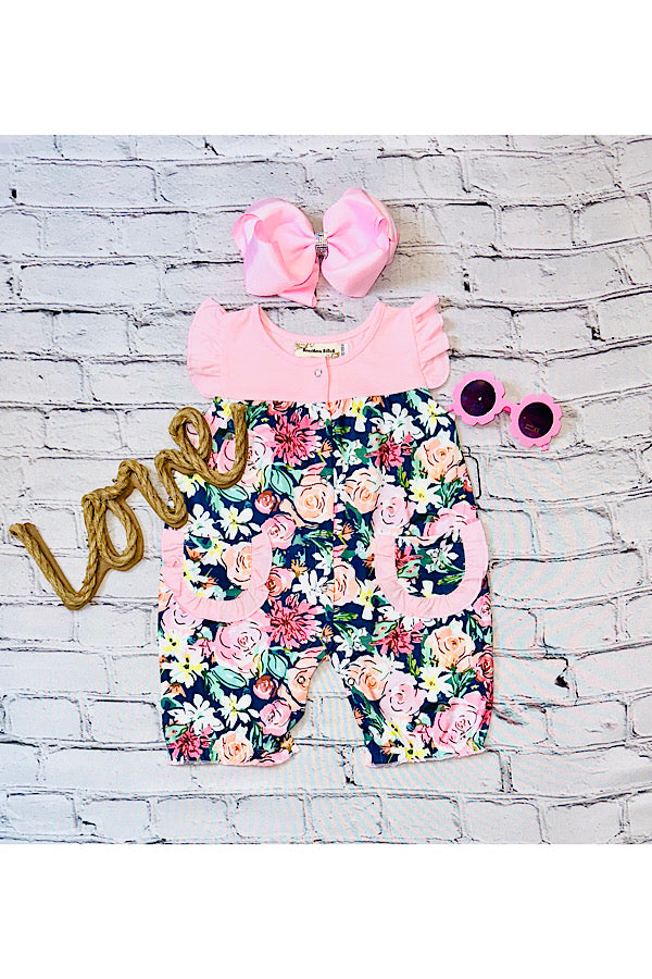Pink & navy floral button up baby romper w/pockets XCH0999-17H