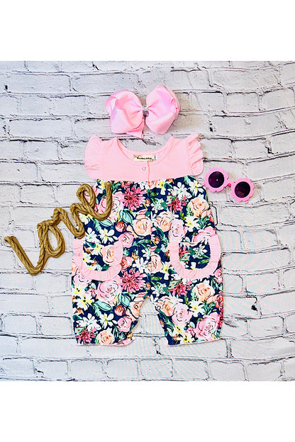 Pink & navy floral button up baby romper w/pockets XCH0999-17H