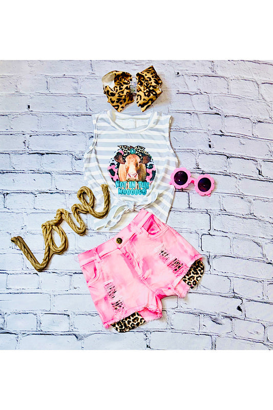 "NOT IN THE MOOOOOD" cow pink & stripes 2pc set DLH2528