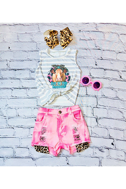"NOT IN THE MOOOOOD" cow pink & stripes 2pc set