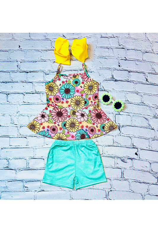 Multicolor daisies top w/aqua pocket shorts 2pc set XCH0666-34H